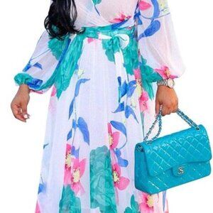 Womens Chiffon Deep V-Neck Stripe Printed Maxi Dress Unique Loose Summer Boho Dr